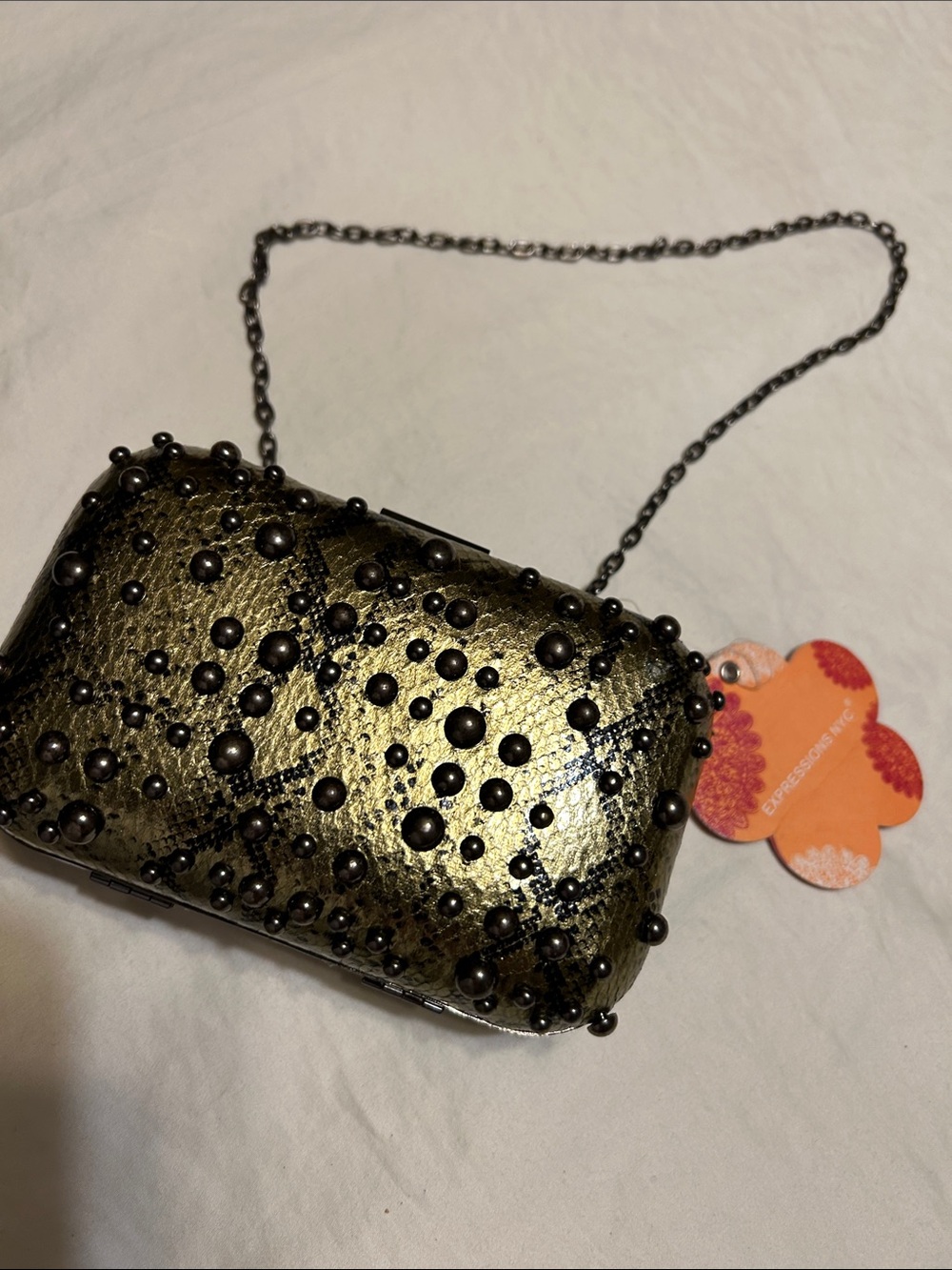 Expressions Metallic Gold Studded Evening Clutch with Black Accents